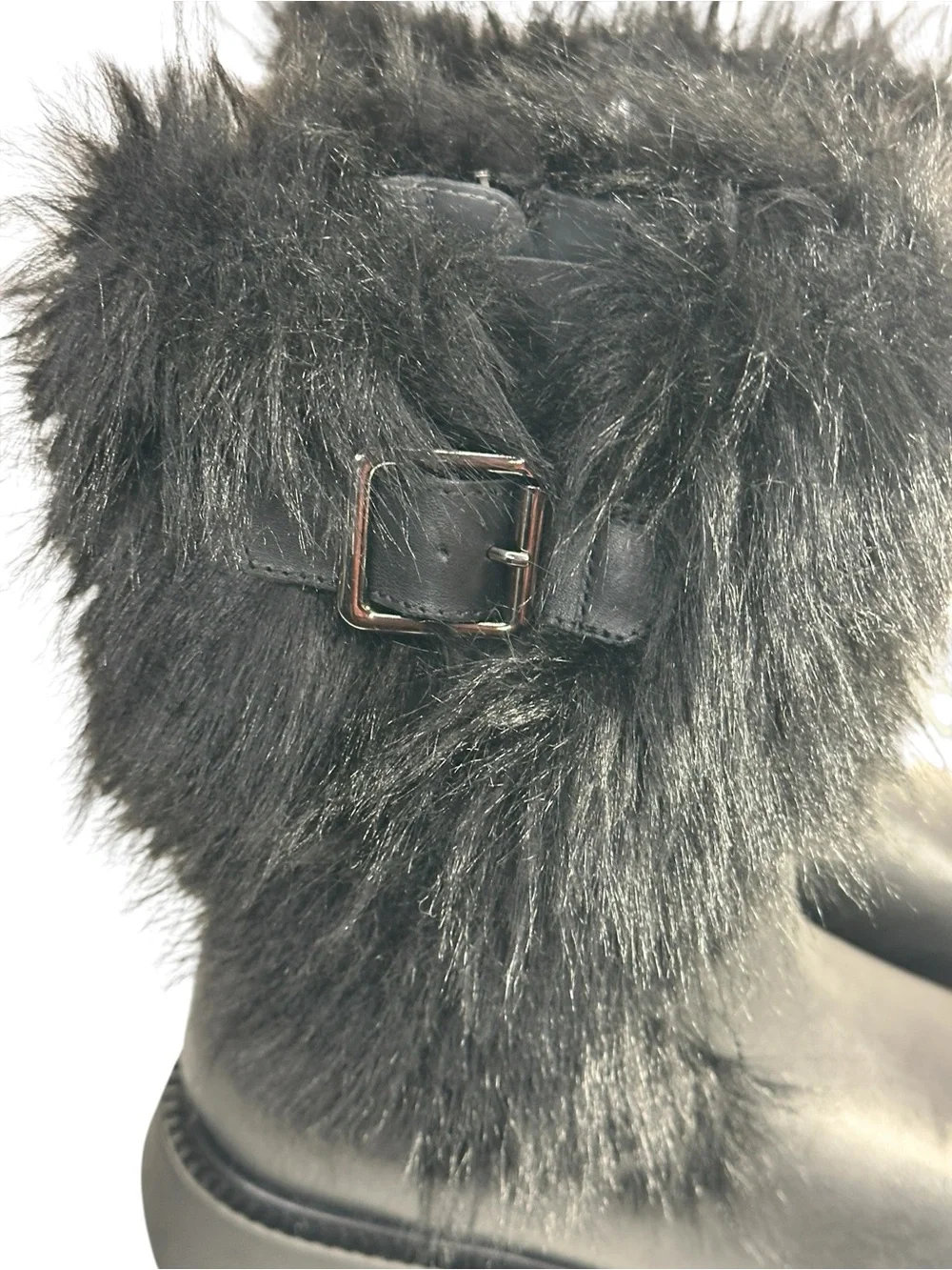 Franco Sarto Brina Black Leather Faux Fur Lug Sole Boots. 6.5M